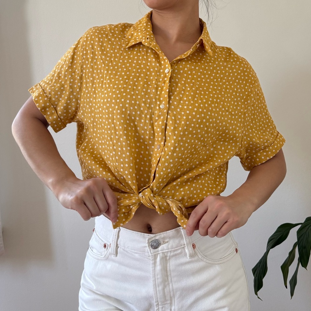 Rachel Zoe 100% Linen Polka Dot Yellow Button Up Short Sleeve Blouse Size S